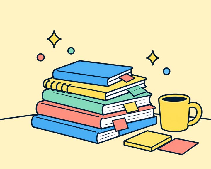 机の上に積んだ色とりどりのノートとマグカップの絵